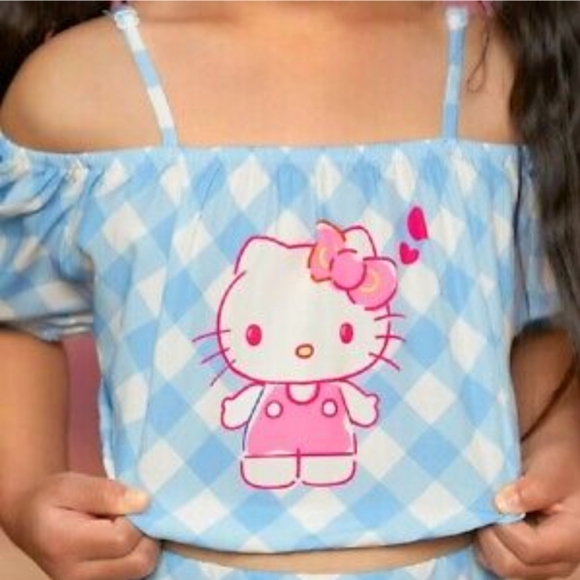 SHEIN x Hello Kitty Buffalo Plaid Print Cold Shoulder Top (girls 8Y) - Picture 6 of 6
